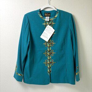 Bob Mackie Embroidered Trompe L'oeil Fleur de Lis Jacket Size XS Teal A1418 NWT
